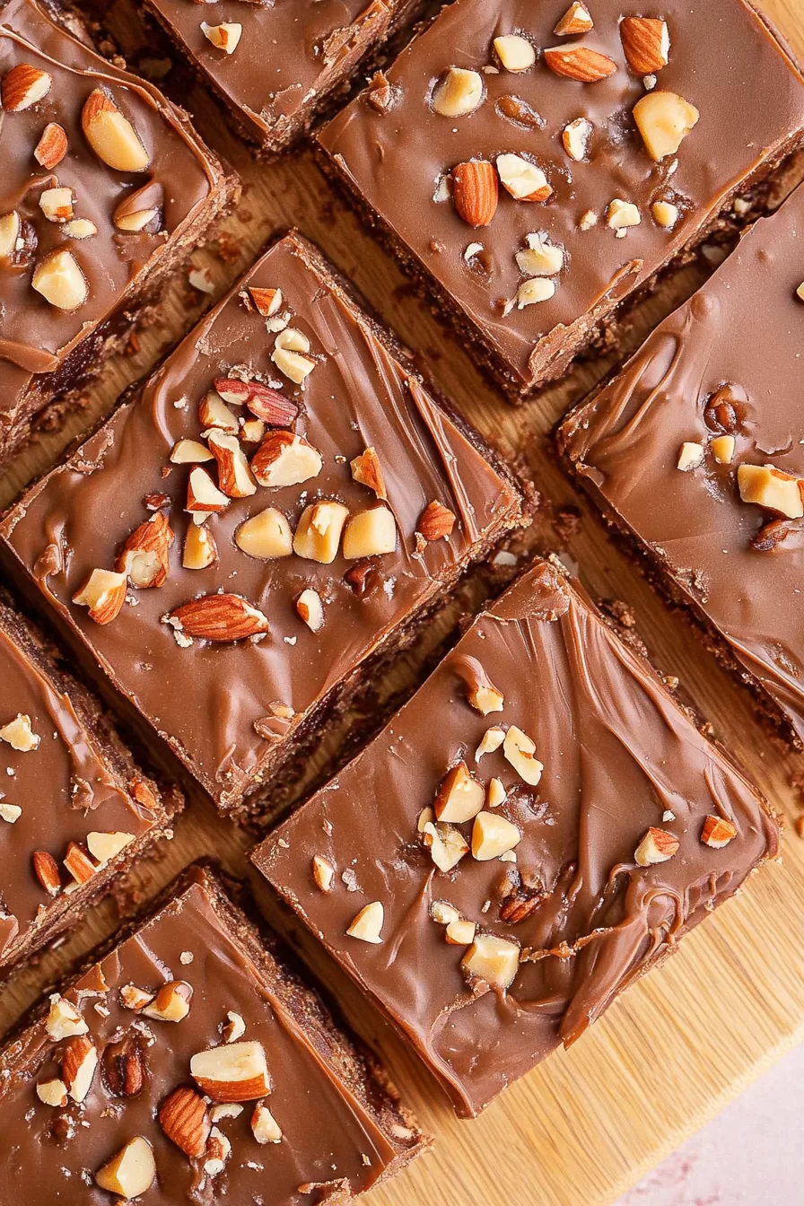 A close-up of rich chocolate fudge topped with chopped pecans and caramel swirls, ready to enjoy.