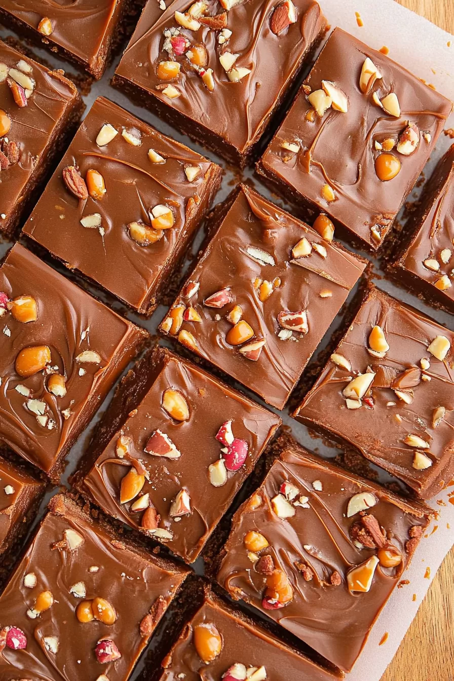 Rows of Turtle Fudge pieces neatly arranged on parchment paper, sprinkled with caramel bits and nuts.