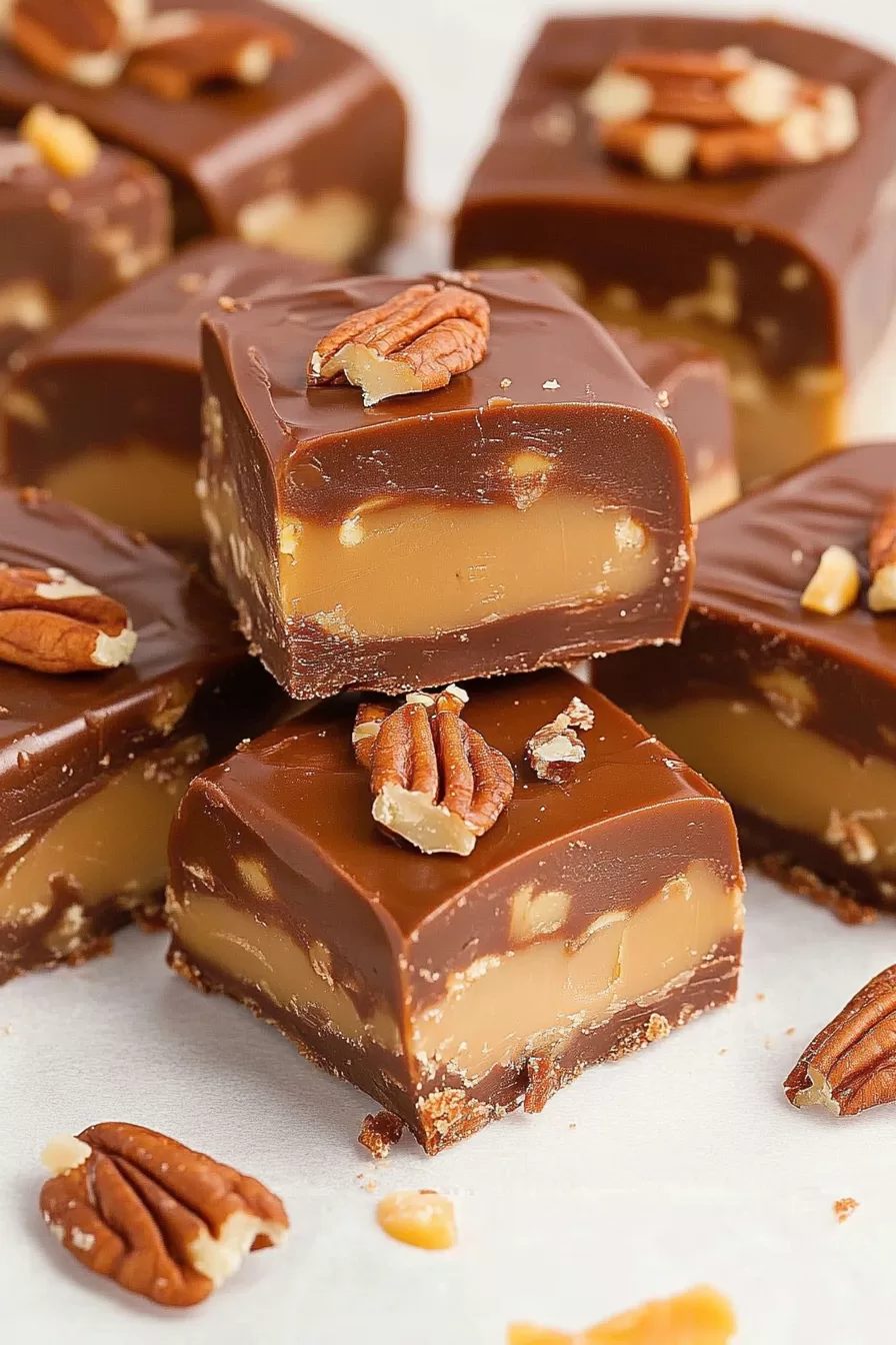 A bite-sized piece of Turtle Fudge revealing its creamy caramel center and perfectly smooth chocolate coating.