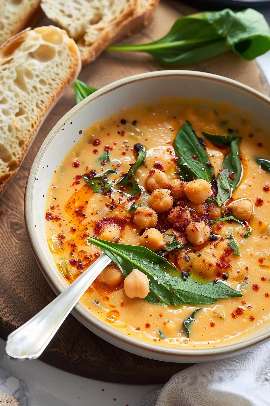 A warm bowl of creamy soup topped with tender chickpeas, fresh spinach, and a sprinkle of chili flakes, served with crusty bread.