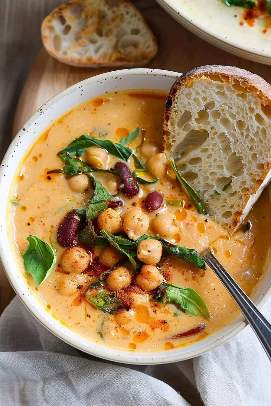 Close-up of Tuscan chickpea soup with a rich broth, fresh greens, and a drizzle of olive oil, perfect for a cozy meal.