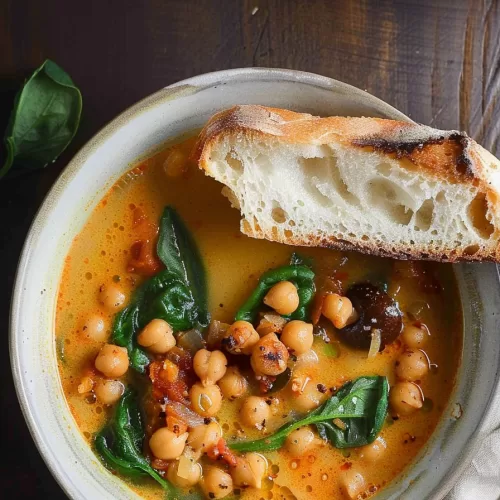 Vibrant soup featuring chickpeas, kidney beans, and wilted greens in a creamy, spiced broth alongside rustic bread slices.