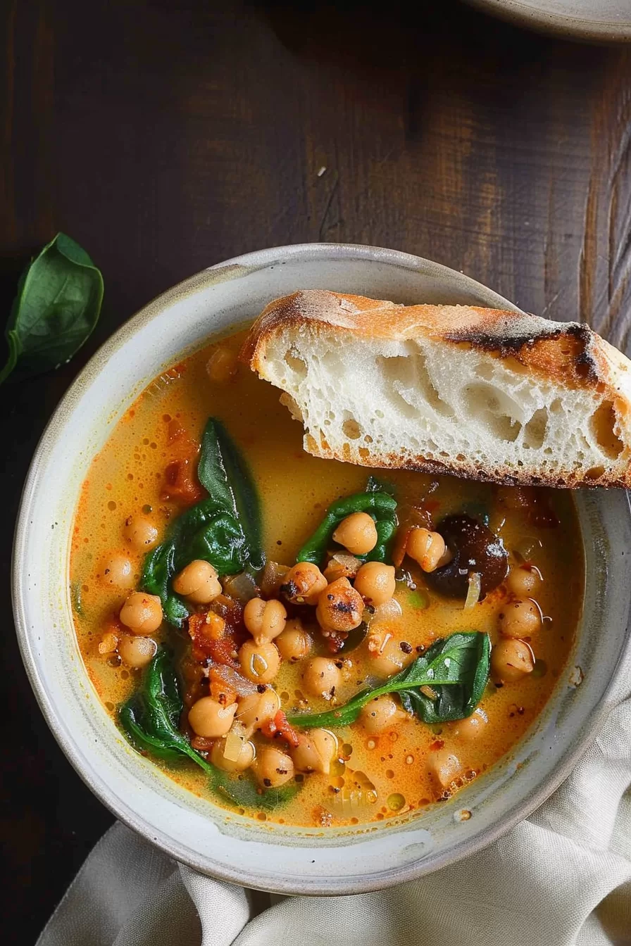 Vibrant soup featuring chickpeas, kidney beans, and wilted greens in a creamy, spiced broth alongside rustic bread slices.