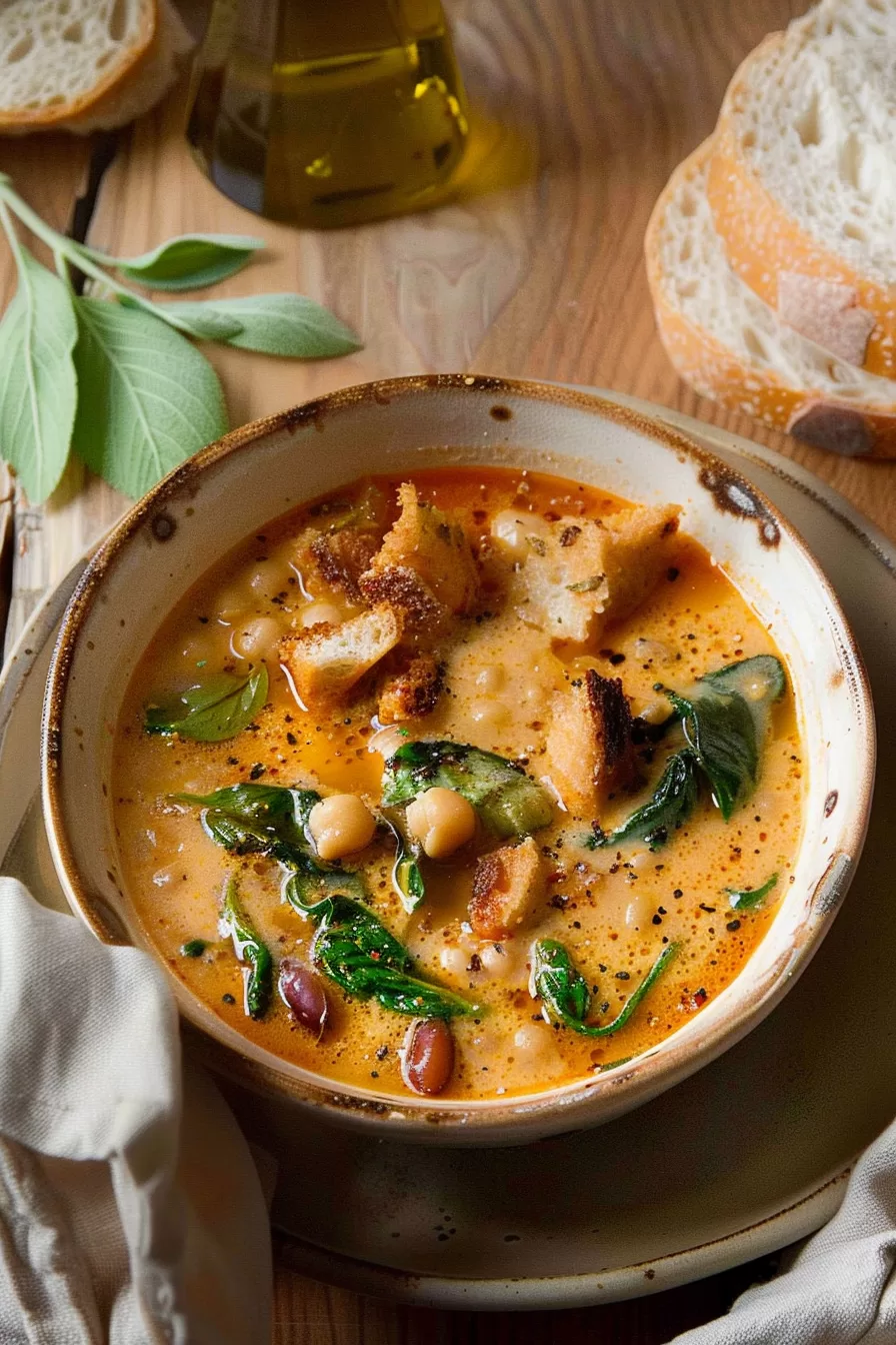 Hearty Tuscan chickpea soup garnished with crispy croutons and fresh herbs, paired with a loaf of fresh bread.