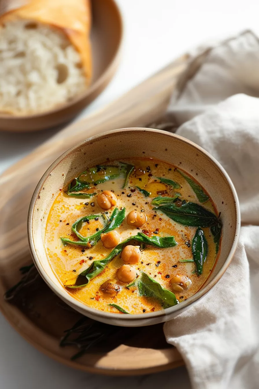 Bright and flavorful bowl of chickpea soup with colorful greens and spices, ready to enjoy with warm, crusty bread.