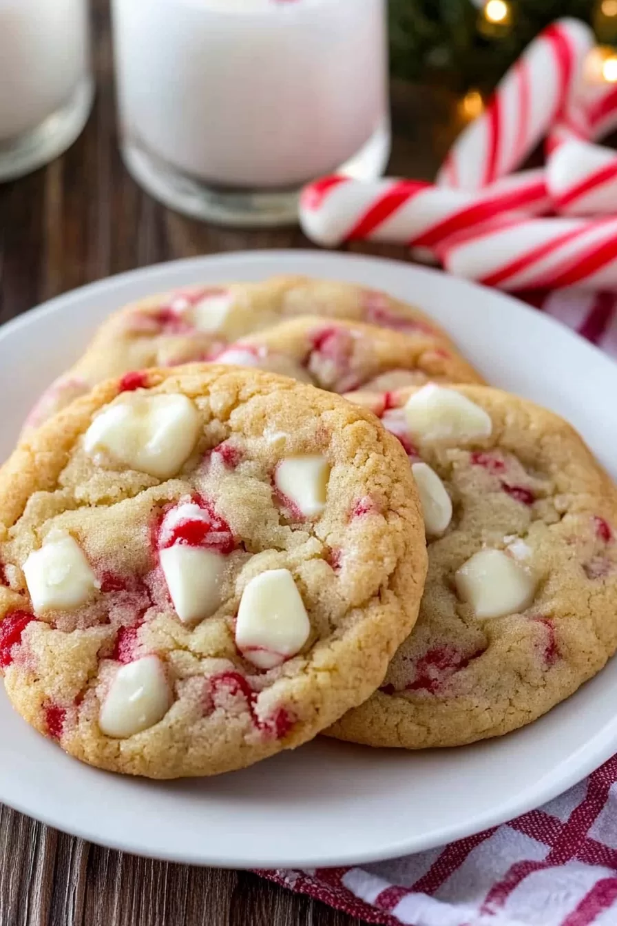 A plate of freshly baked cookies with red and white peppermint chunks and creamy white chocolate chips.