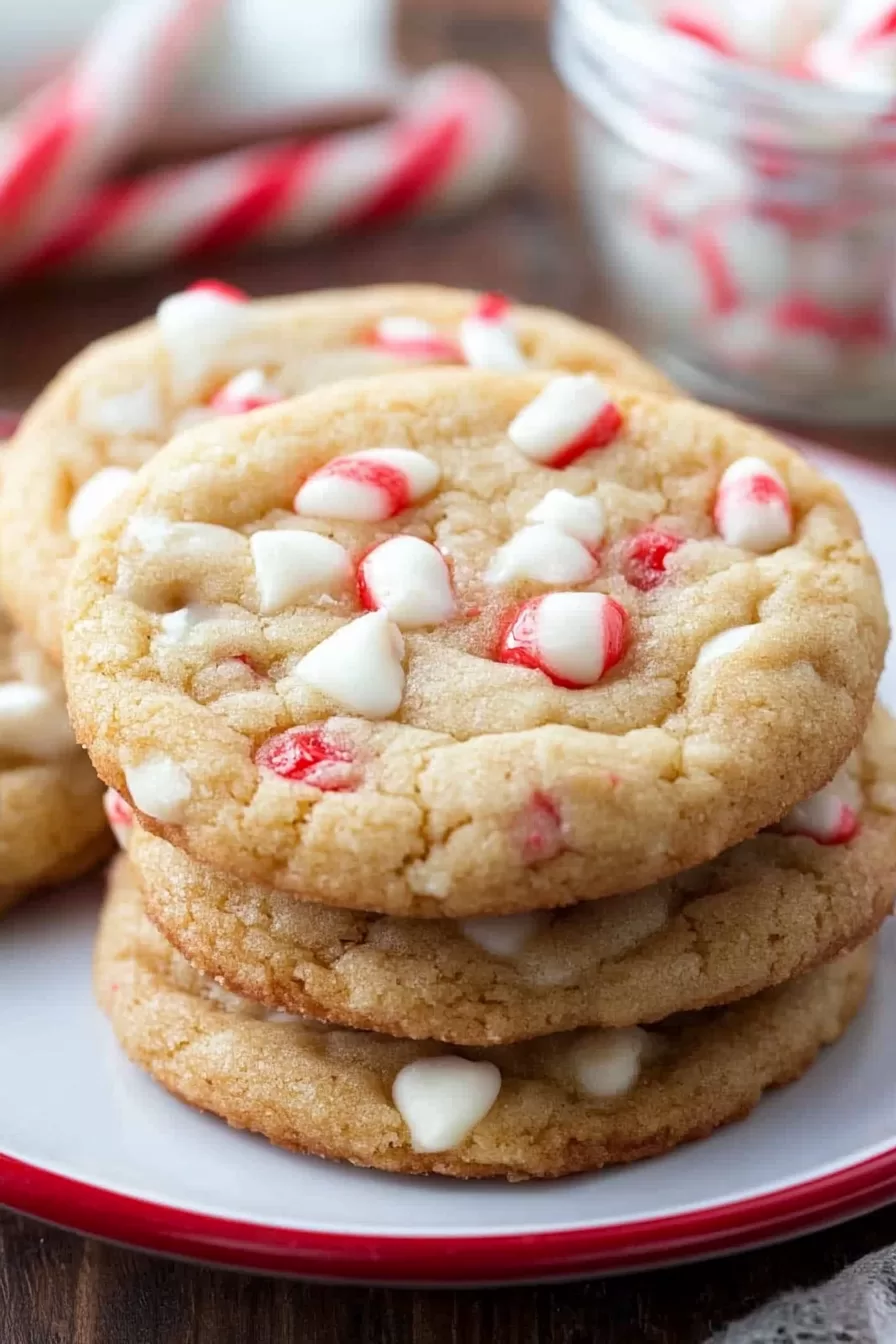 A close-up shot of festive cookies loaded with white chocolate chips and crushed candy cane pieces, perfect for the holidays.