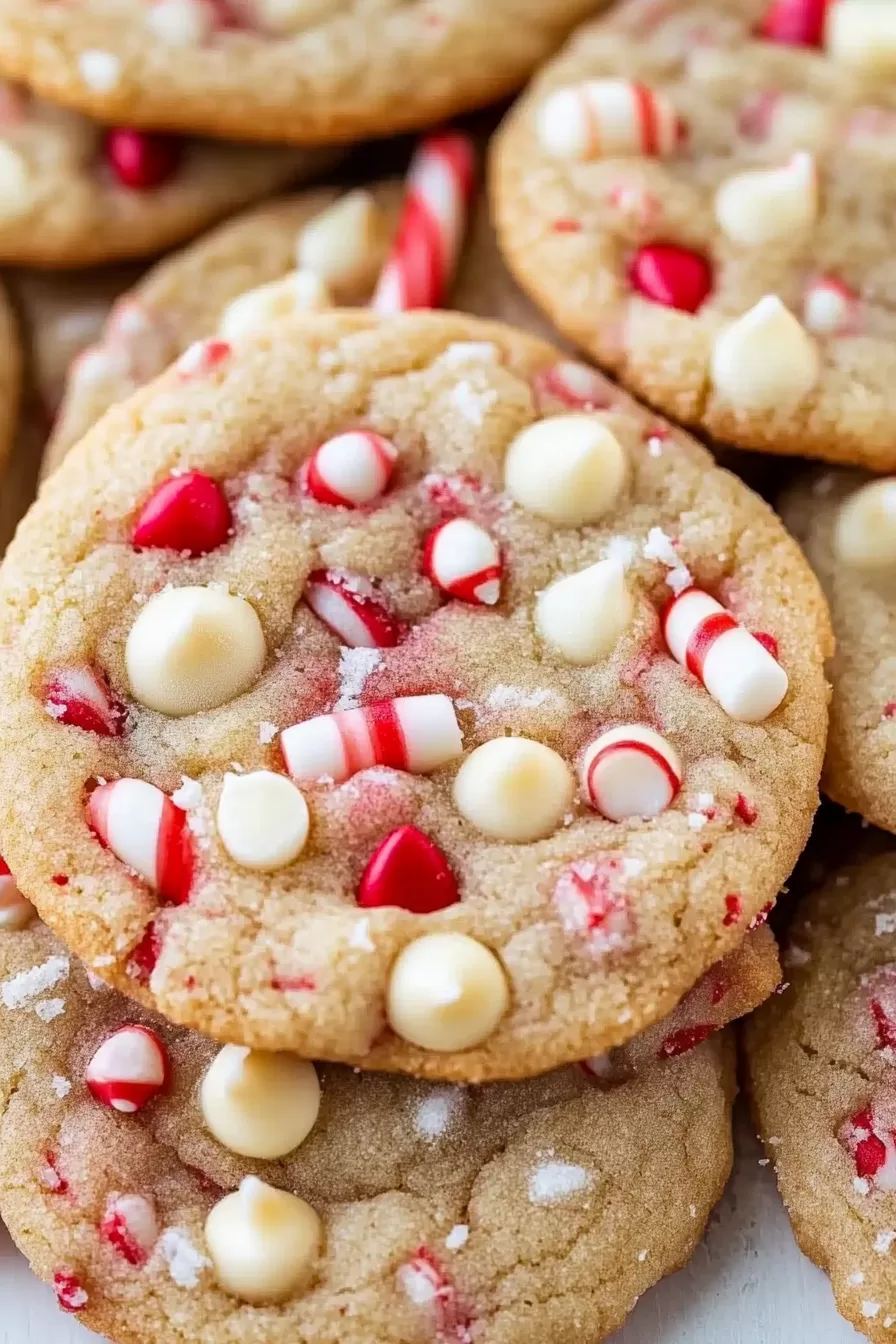 A single cookie featuring white chocolate chips and peppermint swirls, capturing its soft texture and holiday charm.