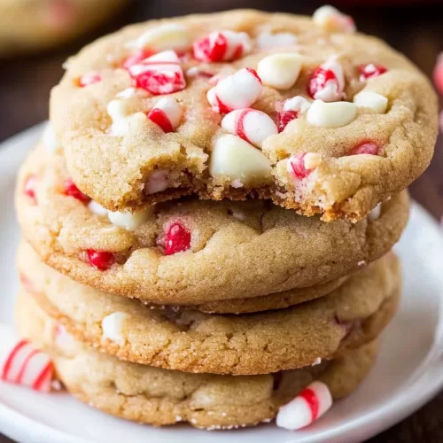 A stack of chewy white chocolate cookies topped with candy cane pieces, set on a rustic plate with candy canes nearby.