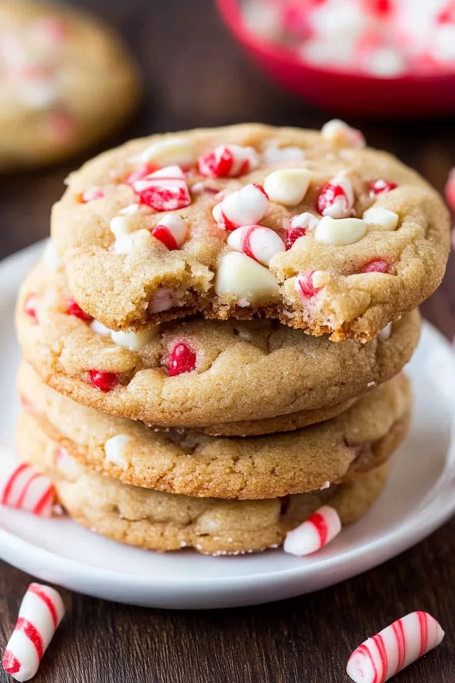 A stack of chewy white chocolate cookies topped with candy cane pieces, set on a rustic plate with candy canes nearby.