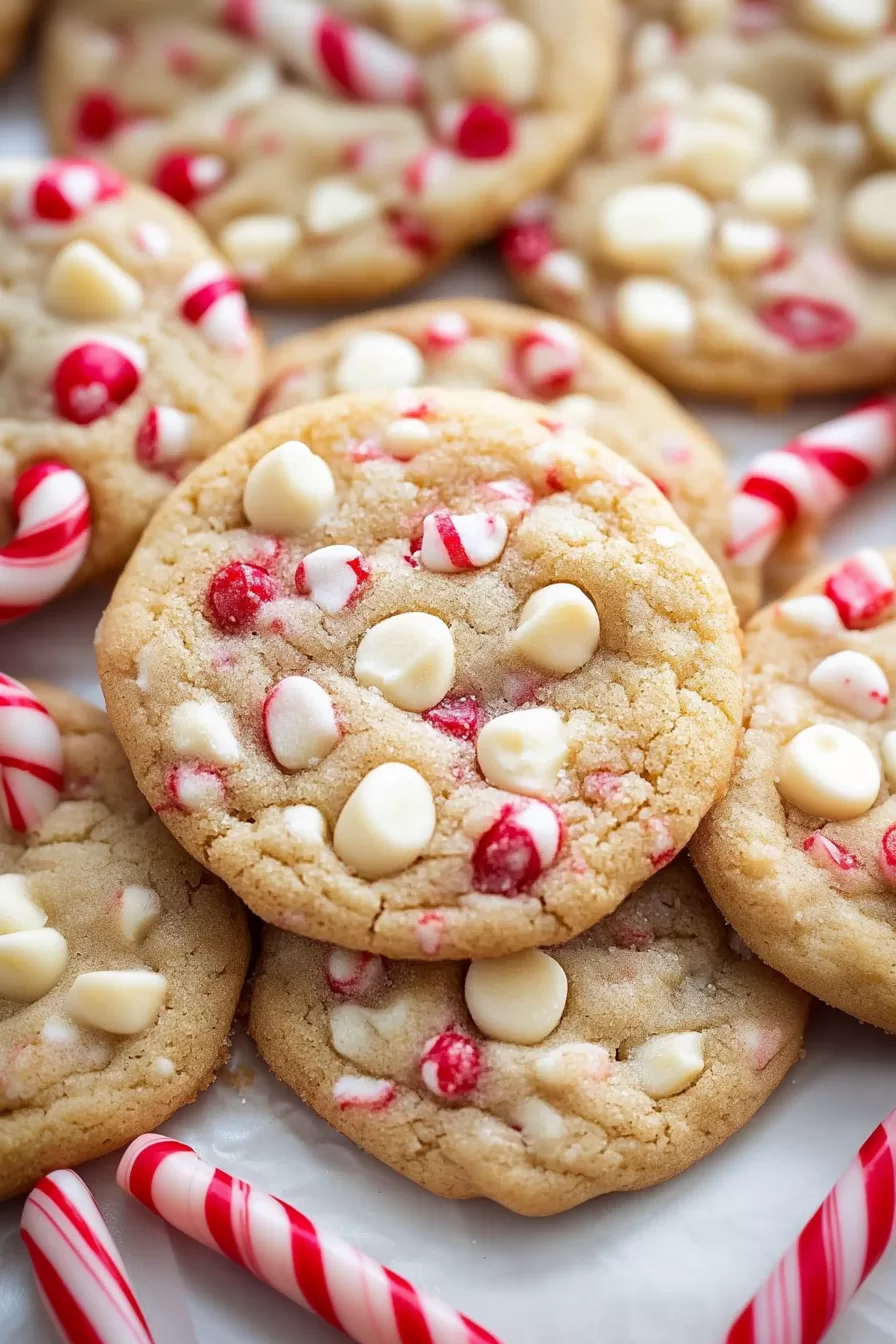 A festive cookie spread with white chocolate candy cane cookies surrounded by candy canes on a bright, wintry background.