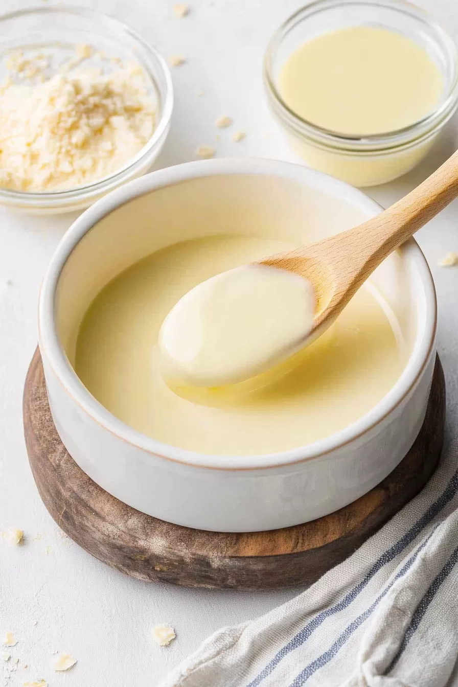 A pot filled with thick, glossy sauce, surrounded by grated cheese and butter cubes on a rustic kitchen setup.