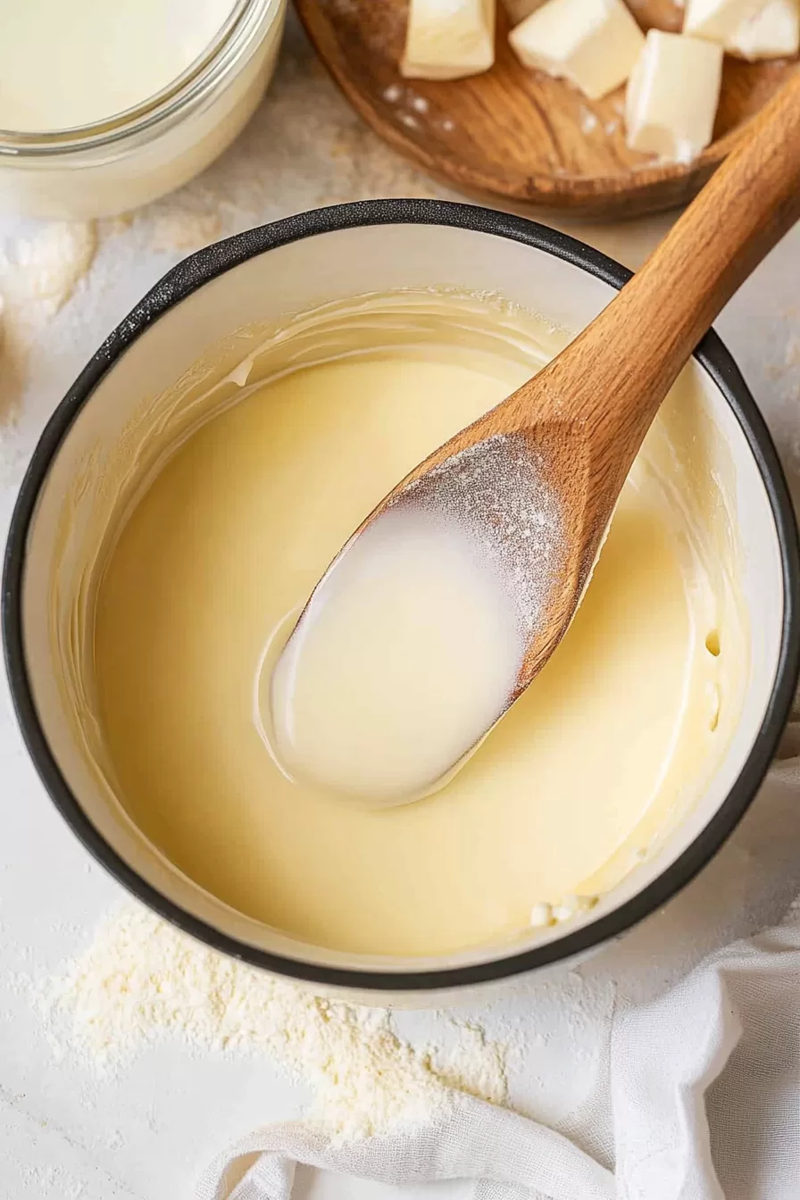 A close-up of a creamy sauce being stirred with a wooden spoon in a small white bowl, showcasing its smooth texture.