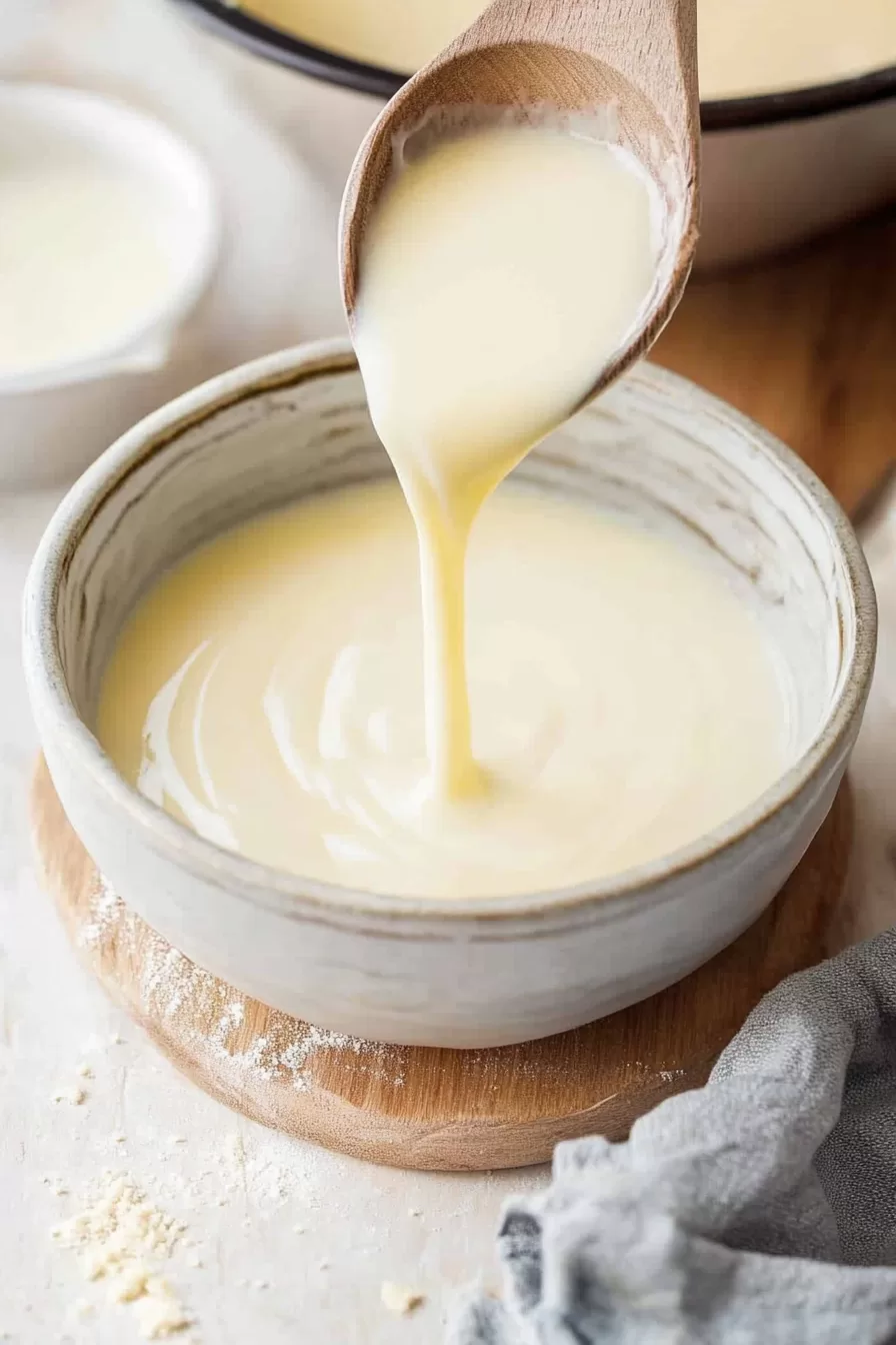 A beautifully styled dish of rich, white sauce in a ceramic bowl, with a flowing texture pouring off a spoon.