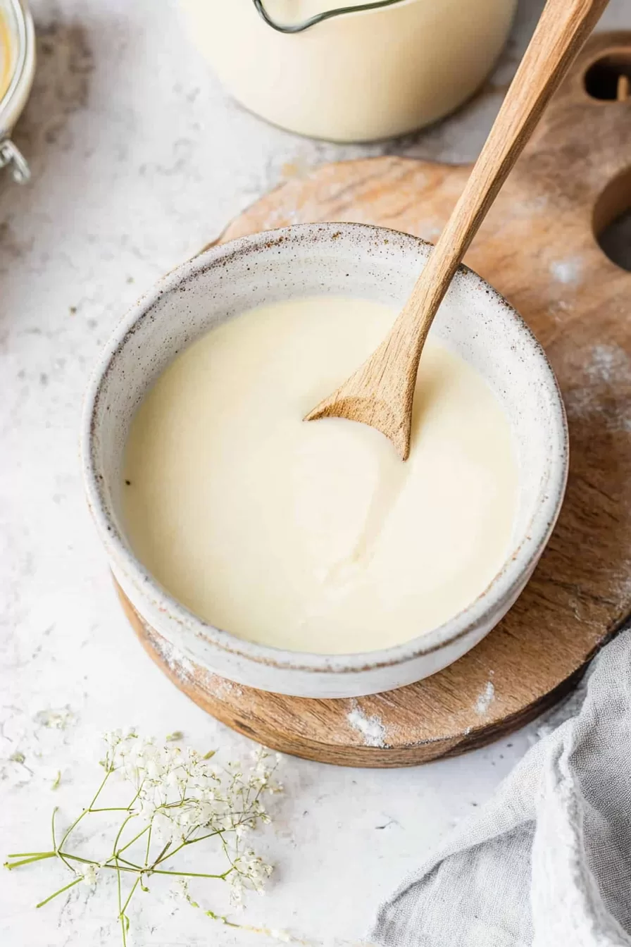 A minimalistic shot of creamy sauce in a rustic bowl, highlighting its luxurious consistency and simplicity.