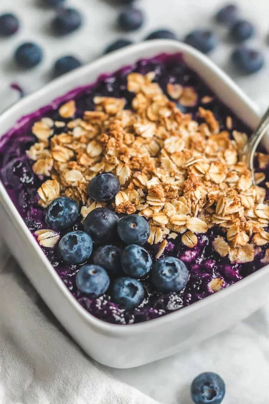 A freshly baked blueberry crisp with bubbling berries and a crisp oat layer, ready to be served.