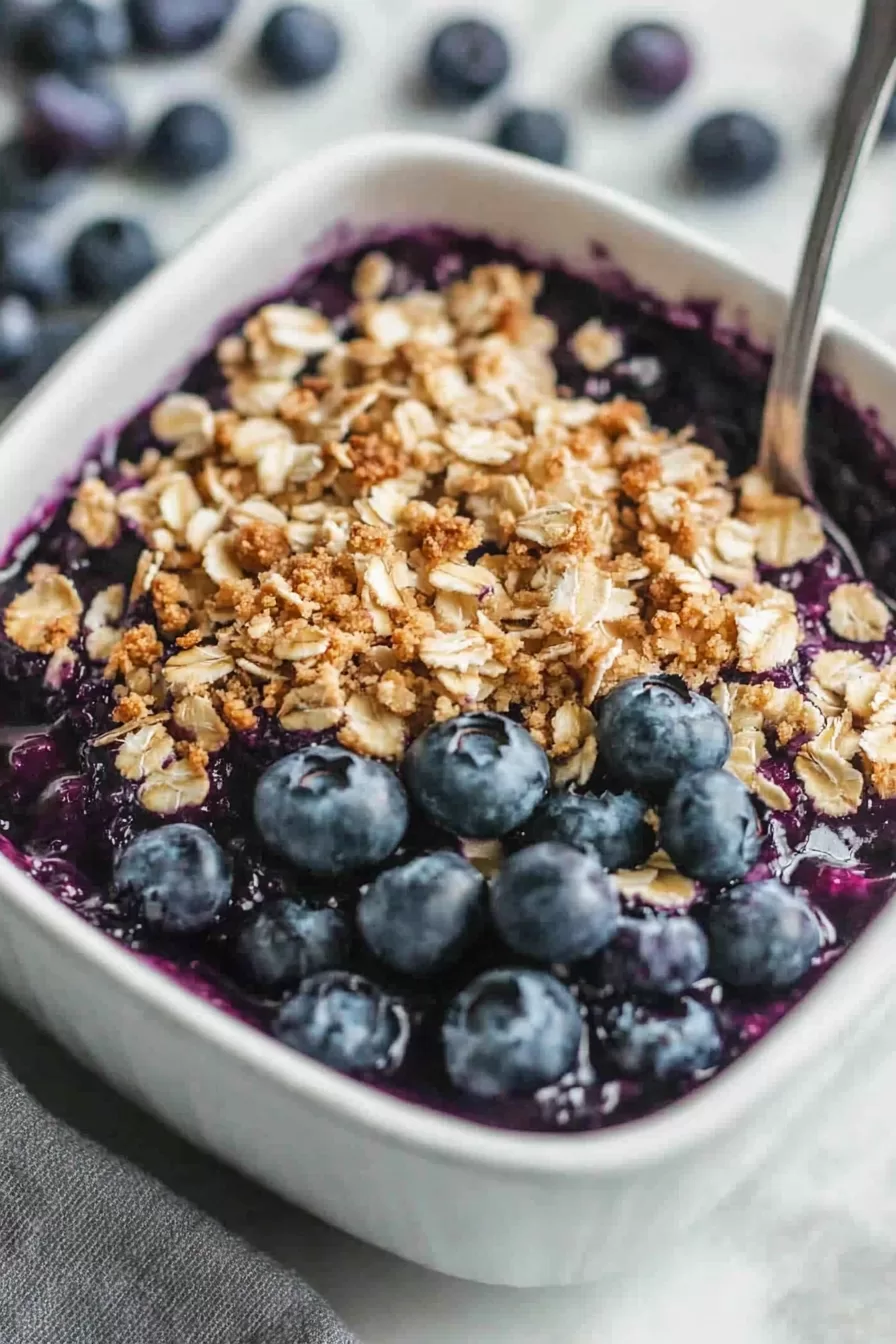 A spoon digging into a blueberry crisp, showcasing the rich, purple blueberry filling and golden crisp topping.