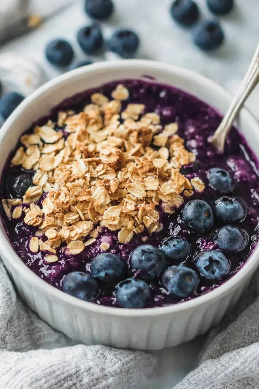 A serving dish filled with blueberry crisp, topped with a crumble of oats and garnished with whole fresh blueberries.