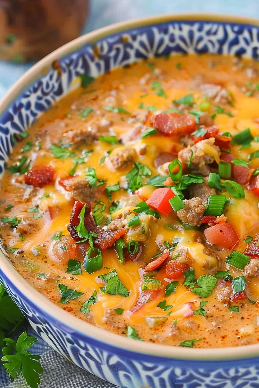 A blue ceramic bowl filled with keto cheeseburger soup, garnished with shredded cheese and parsley.