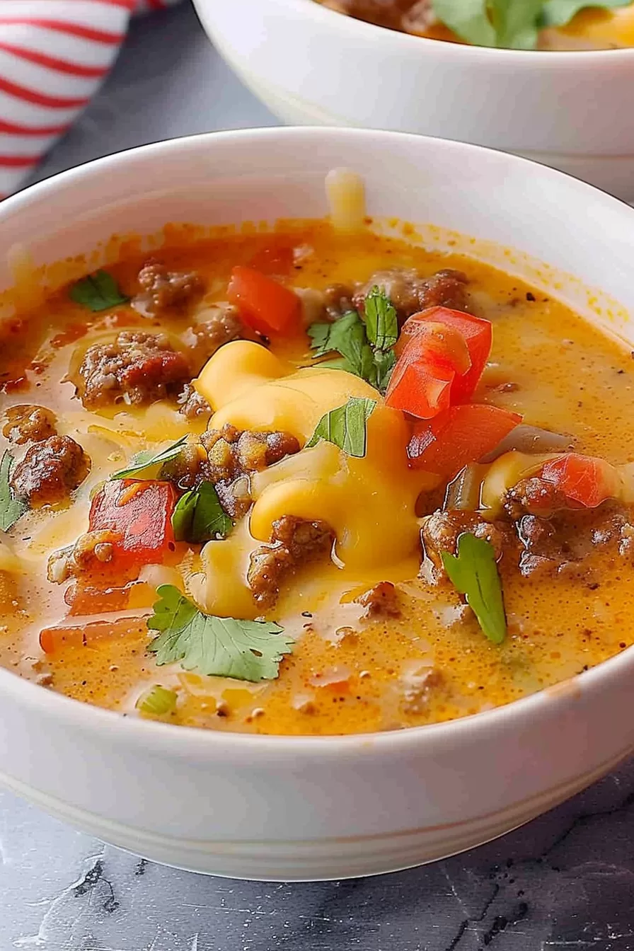 A creamy bowl of keto cheeseburger soup topped with crispy bacon, diced tomatoes, and fresh green onions.