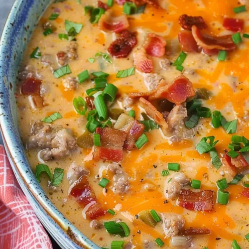 Close-up of a hearty keto soup featuring ground beef, melted cheddar, and vibrant garnishes.