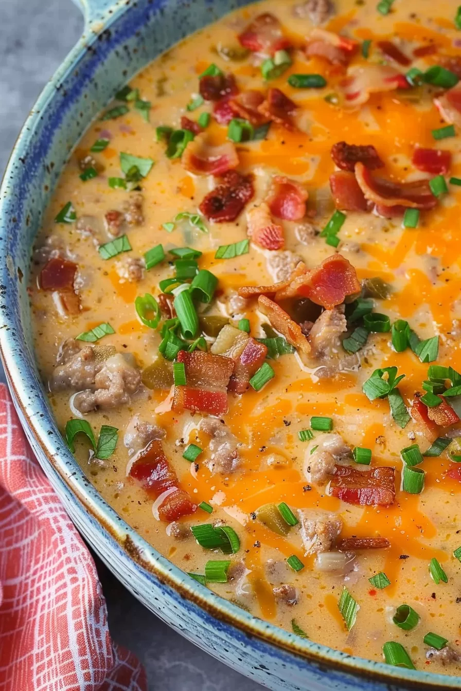 Close-up of a hearty keto soup featuring ground beef, melted cheddar, and vibrant garnishes.