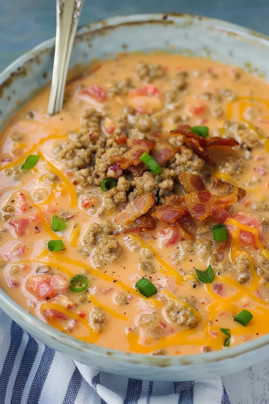 A spoon dipping into a bowl of rich, cheesy keto soup loaded with ground beef and toppings.