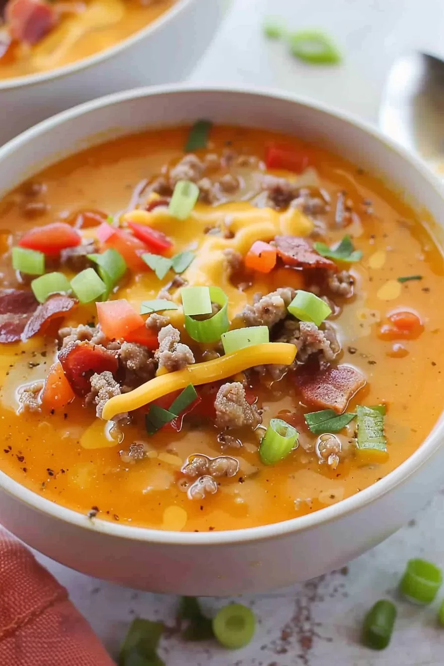 Warm and comforting keto cheeseburger soup served with a touch of fresh herbs and melted cheese.