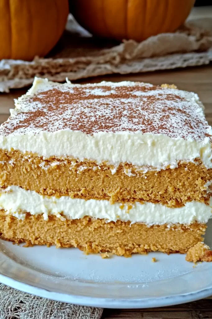 A close-up of a layered pumpkin torte with creamy frosting, dusted with cinnamon for a festive touch.