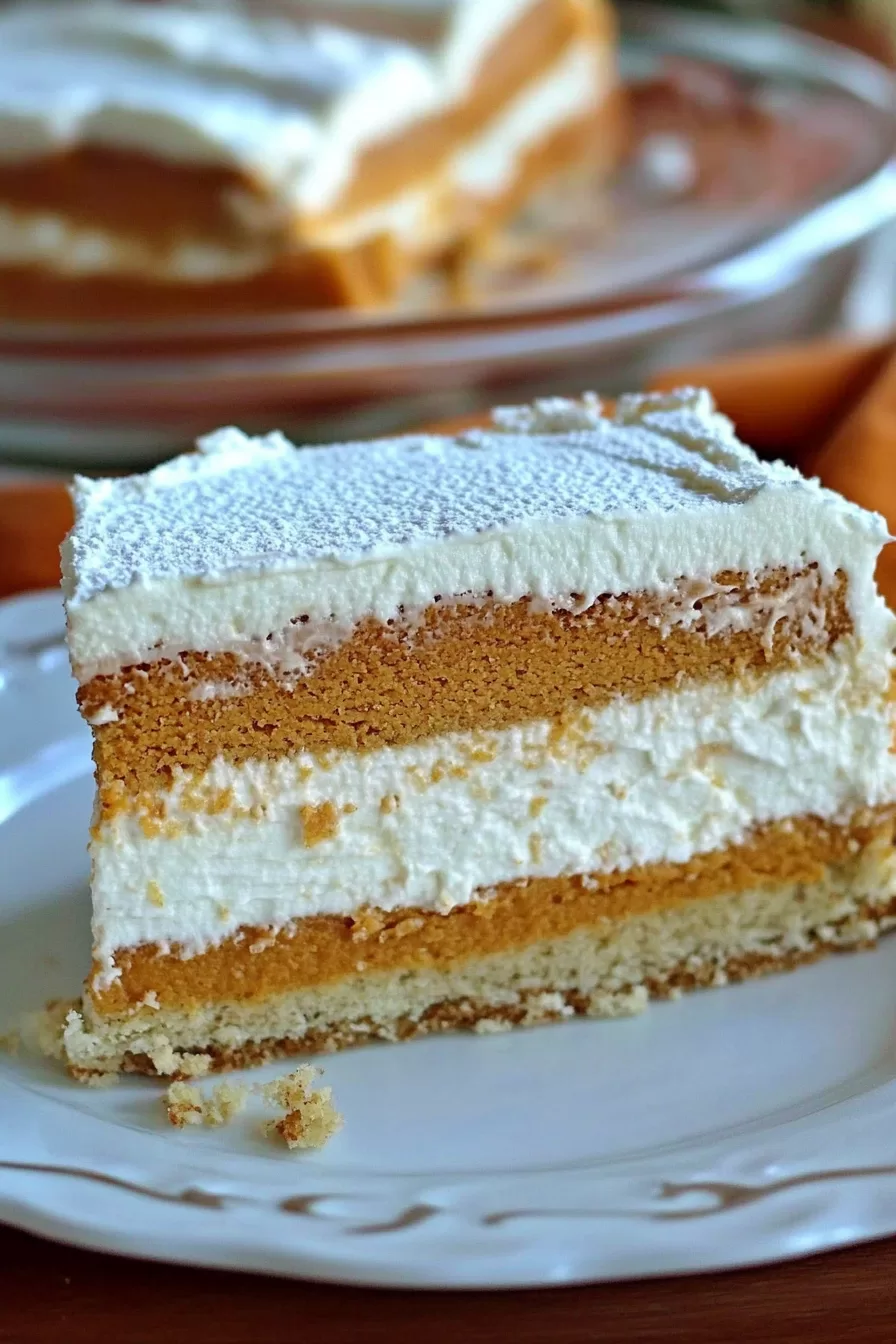 A slice of moist pumpkin torte showing its distinct creamy layers, served on a white plate.