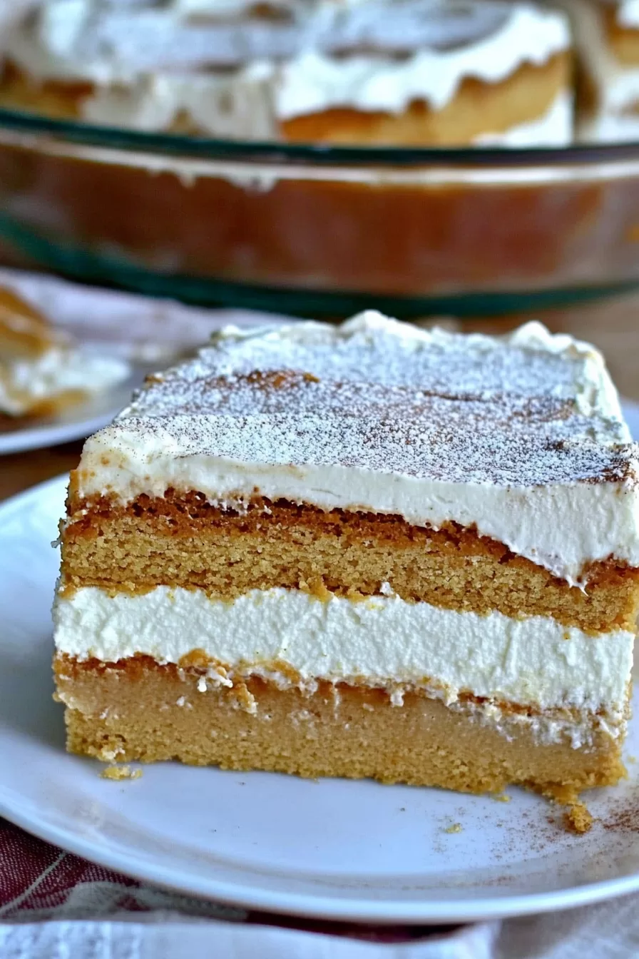 Side view of a pumpkin torte, highlighting its smooth frosting and fluffy layers of spiced pumpkin.