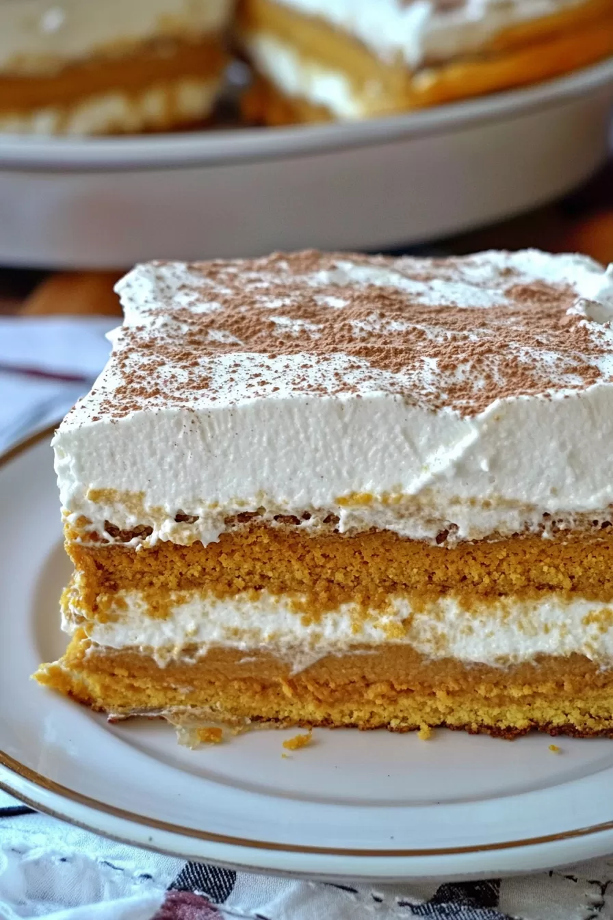 A delectable slice of pumpkin torte with whipped topping, ready to enjoy on a cozy autumn day.