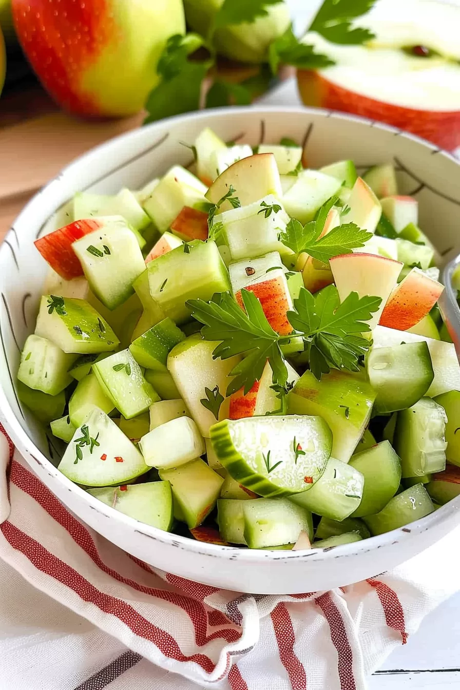 A vibrant bowl of freshly chopped apple and cucumber salad, garnished with parsley and red pepper flakes for a crisp and refreshing finish.