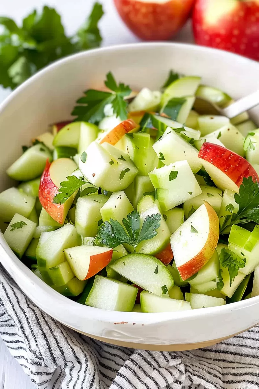 Close-up of a healthy apple cucumber salad with diced apples, cucumbers, and herbs, showing bright colors and fresh textures.