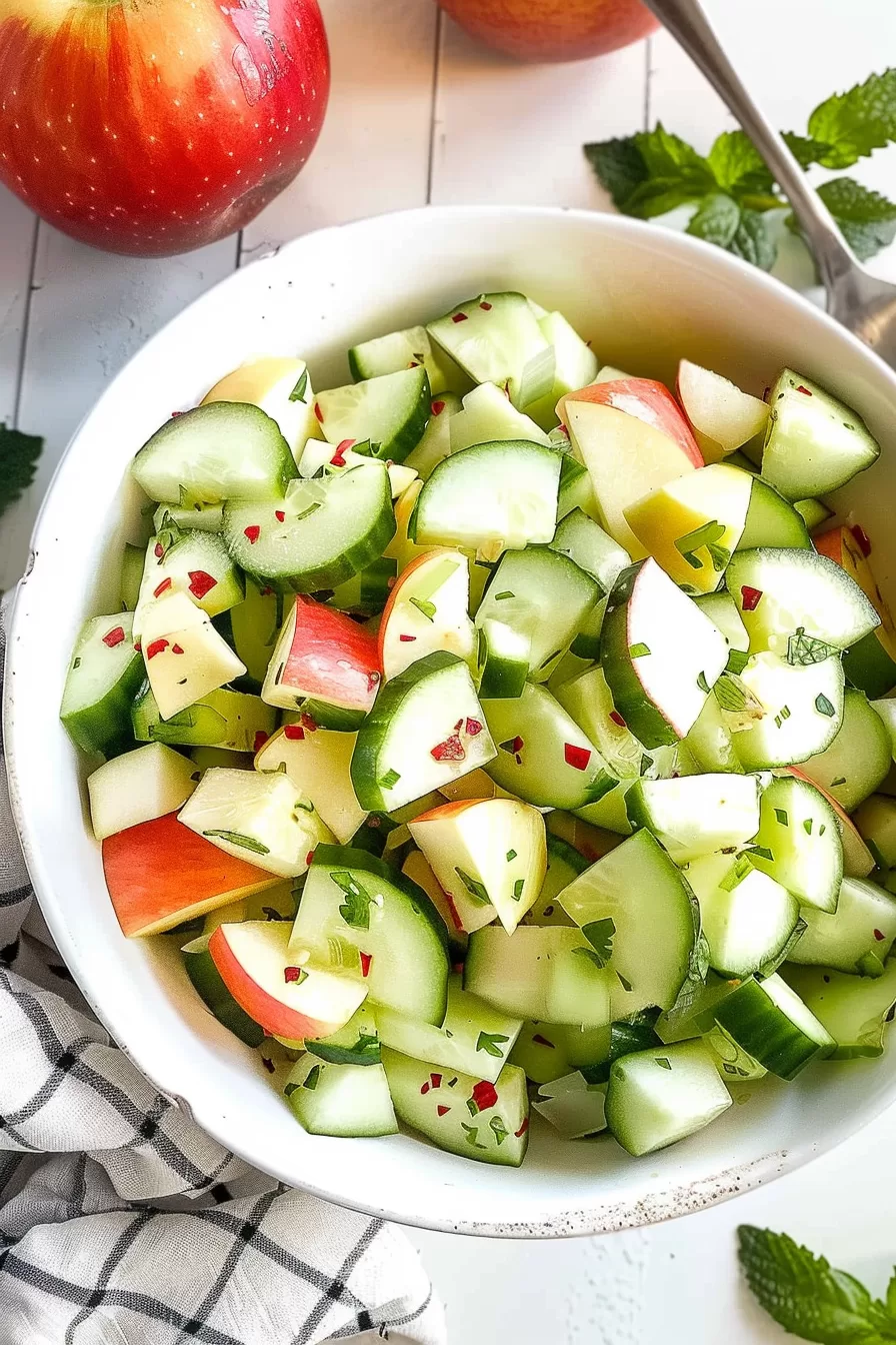 A beautifully arranged apple cucumber salad with red apple slices, cucumber chunks, and a sprinkle of chopped herbs on a white plate.