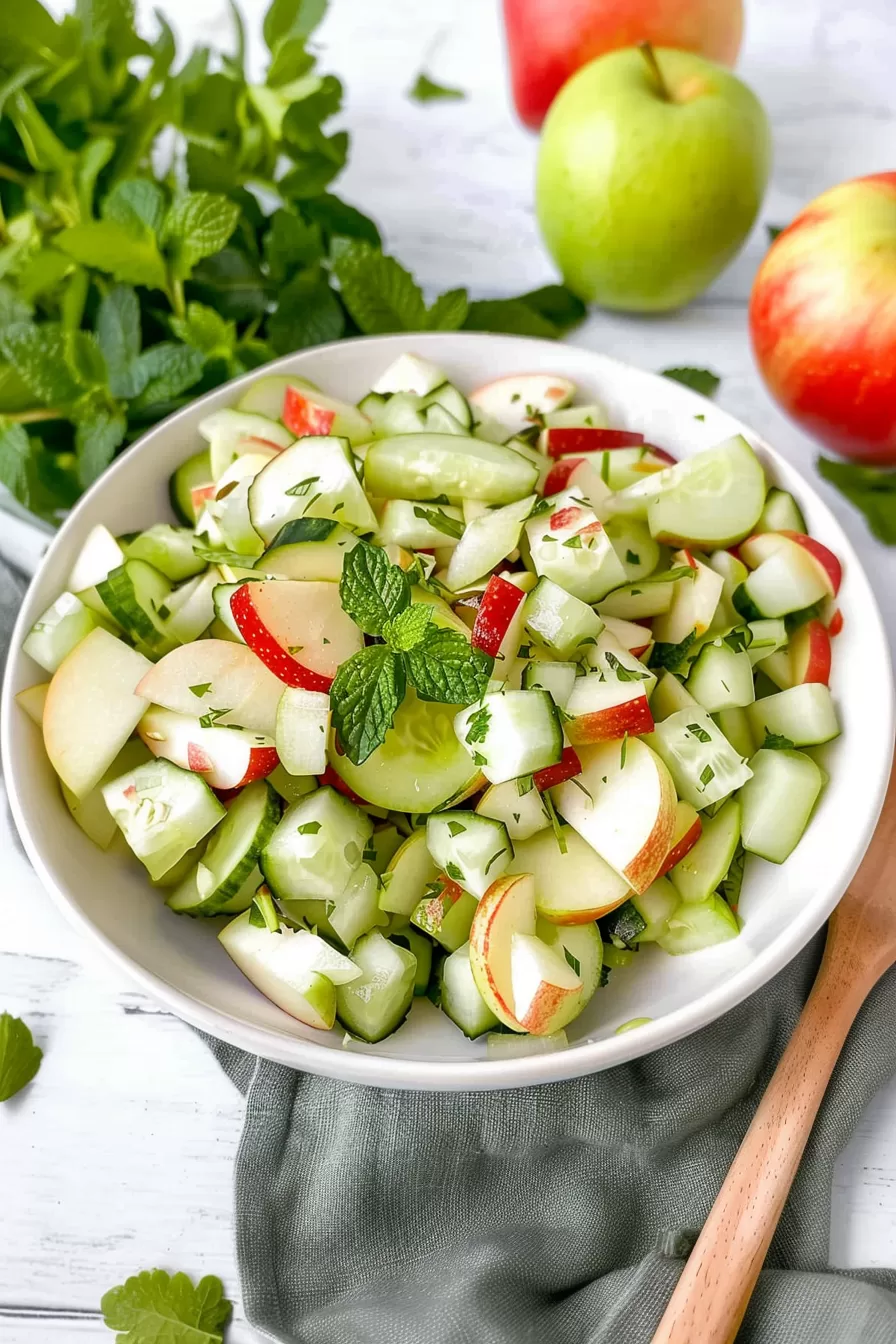 A bowl filled with diced apple and cucumber, accented with parsley leaves and a light vinaigrette drizzle, perfect for a refreshing side dish.