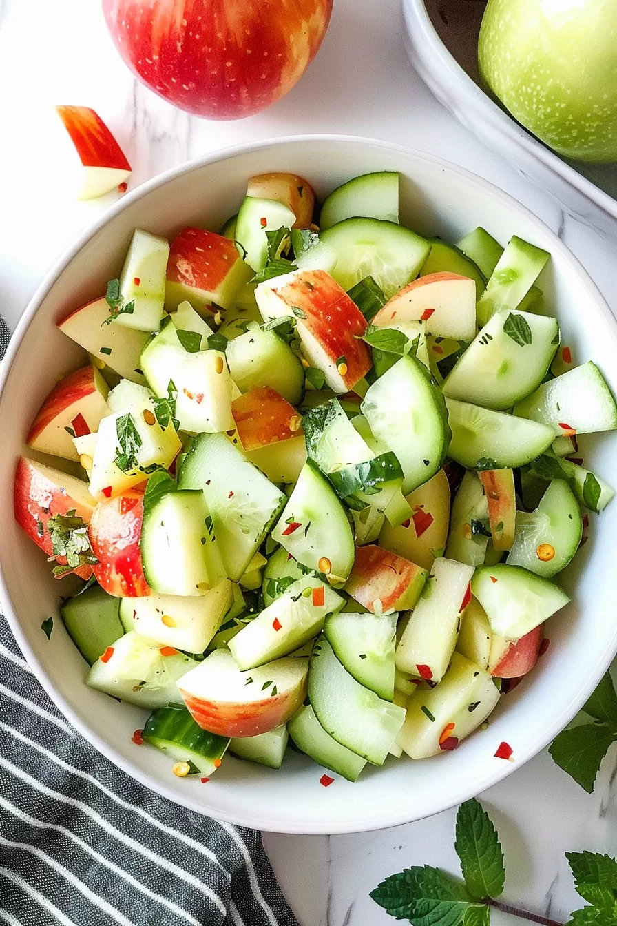 Overhead shot of a summer apple cucumber salad with a mix of green and red apple pieces, cucumber slices, and a light herb dressing.