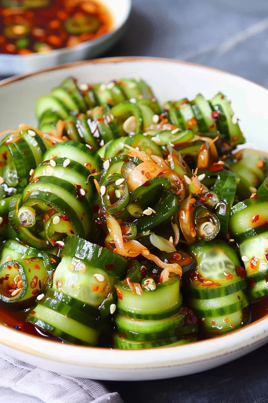 A close-up of vibrant cucumber slices tossed in a savory Asian-inspired sauce, garnished with sesame seeds and chili flakes for a bold finish.