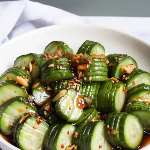 Thinly sliced cucumbers coated in a soy-based dressing with red pepper flakes, sesame seeds, and scallions, served in a white bowl.