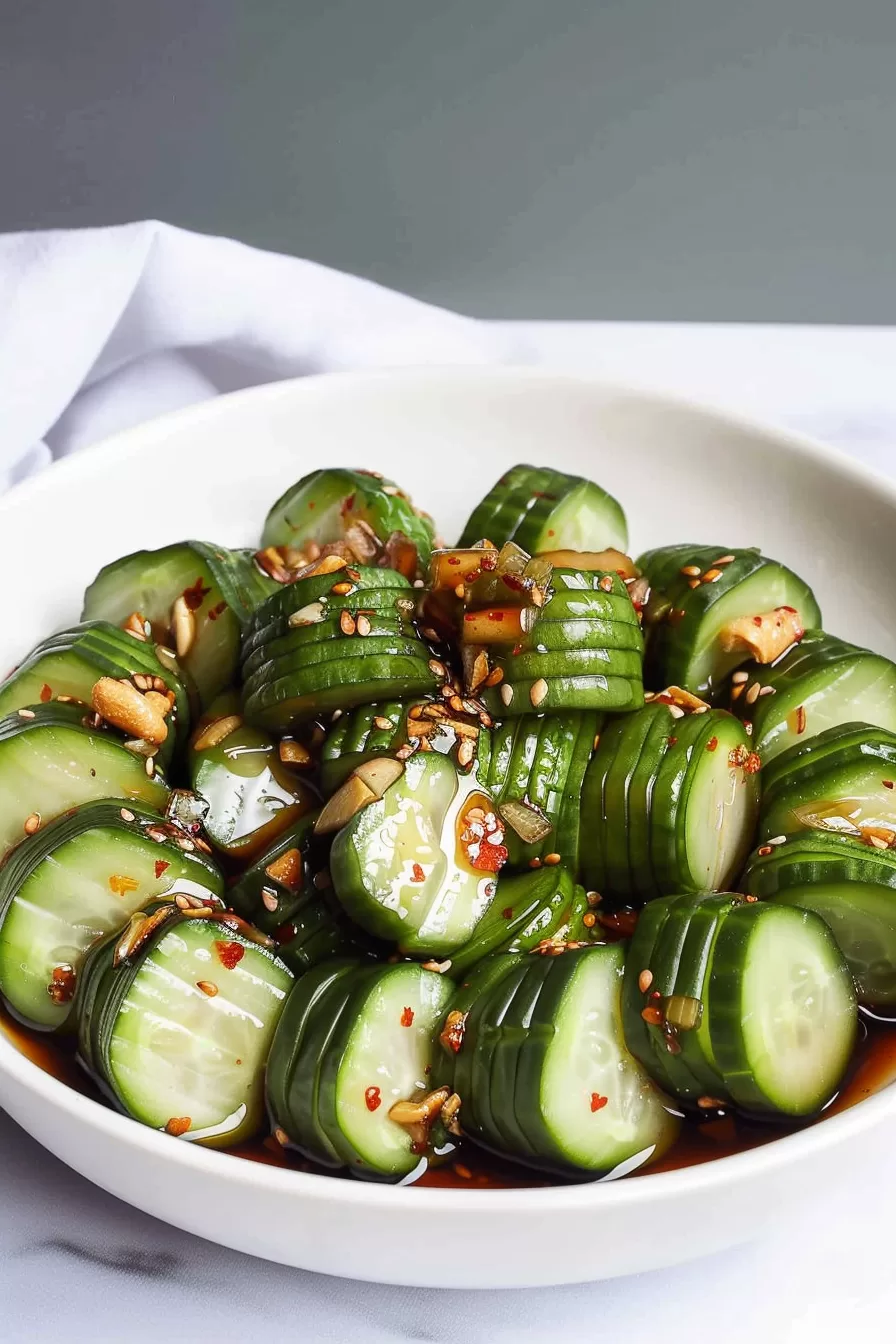 Thinly sliced cucumbers coated in a soy-based dressing with red pepper flakes, sesame seeds, and scallions, served in a white bowl.