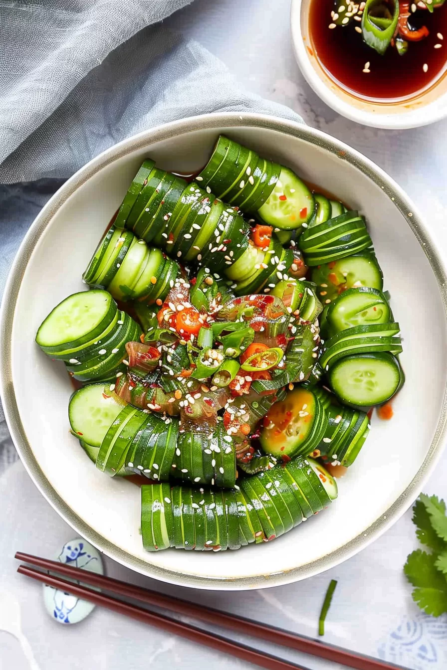 Spiral-cut cucumber pieces drenched in a glossy, spicy sauce with garlic, sesame, and chili accents, perfect for a refreshing side dish.