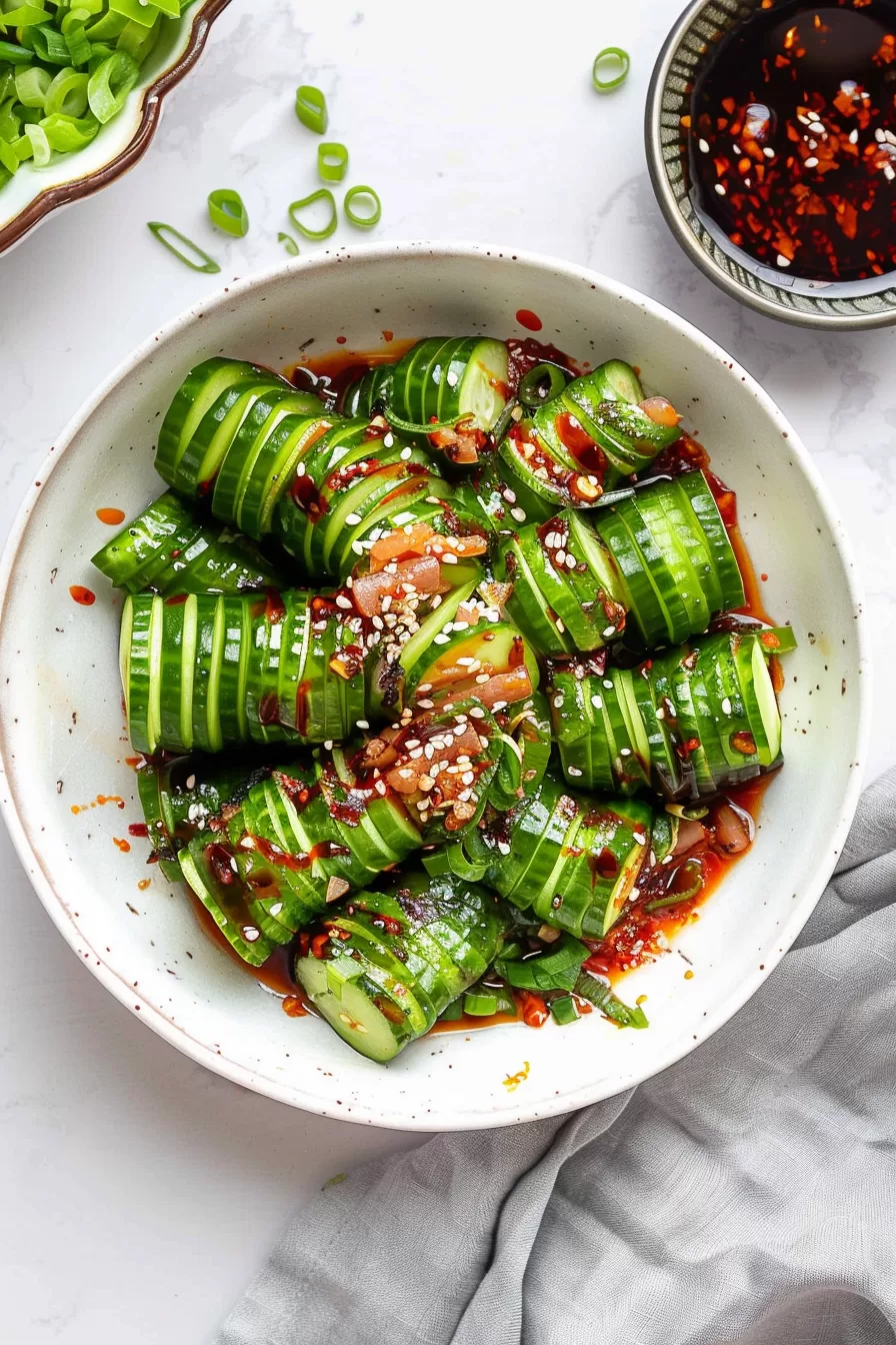 A bowl of sliced cucumbers in a tangy Asian dressing with visible red pepper flakes, sesame seeds, and thinly sliced green onions.