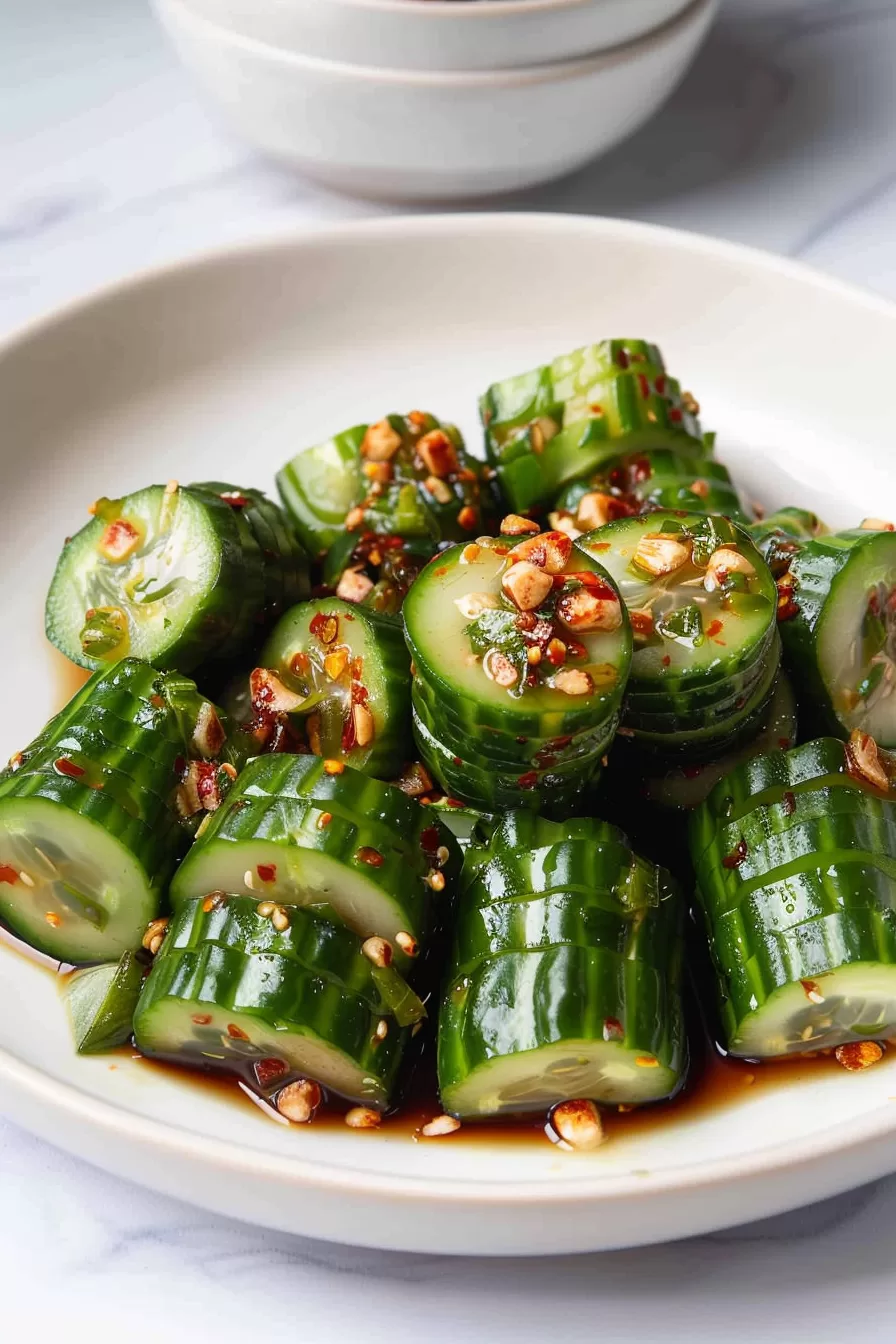 Fresh cucumber salad dressed with a rich soy sauce blend, topped with sesame seeds, crushed peanuts, and a sprinkle of chili flakes.