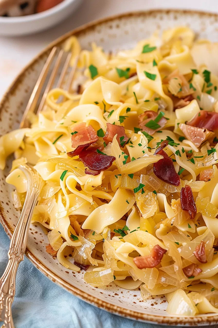 Close-up of buttery Austrian noodles tossed with tender cabbage and bits of smoked ham, served on a rustic ceramic dish.