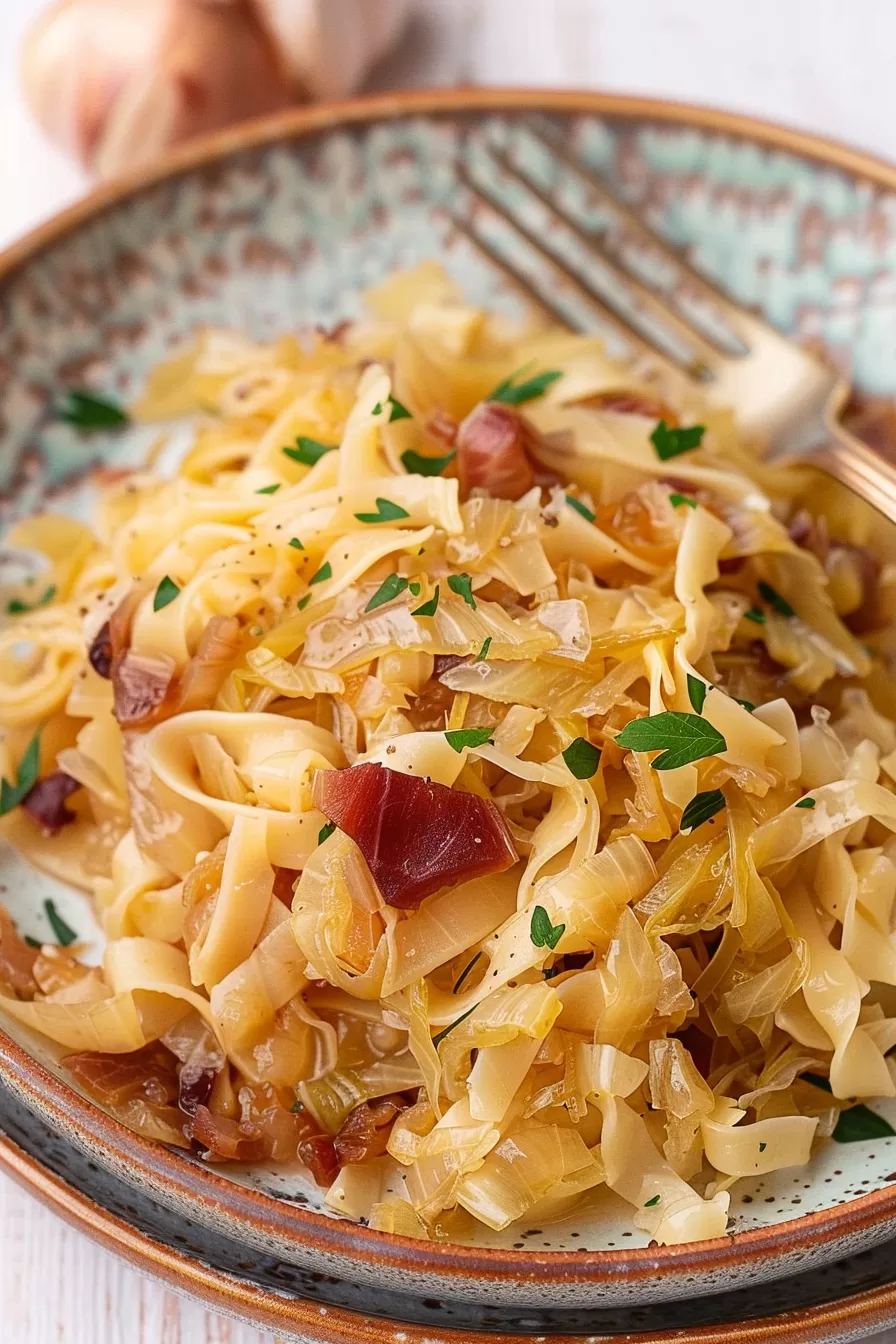 A plate of golden egg noodles mixed with caramelized cabbage and crispy bacon, garnished with fresh parsley for a comforting meal.