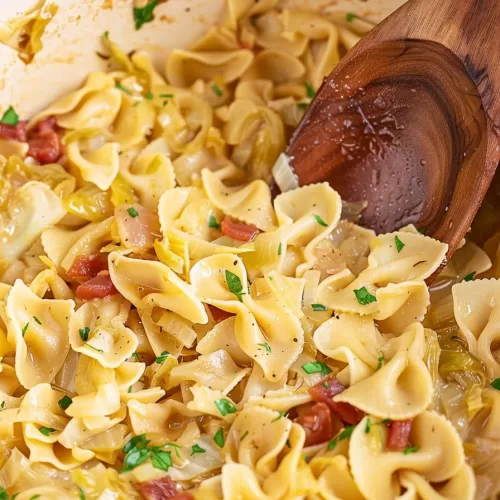 A bowl filled with traditional Krautfleckerl, showcasing tender noodles coated in a savory cabbage mixture with bacon pieces.