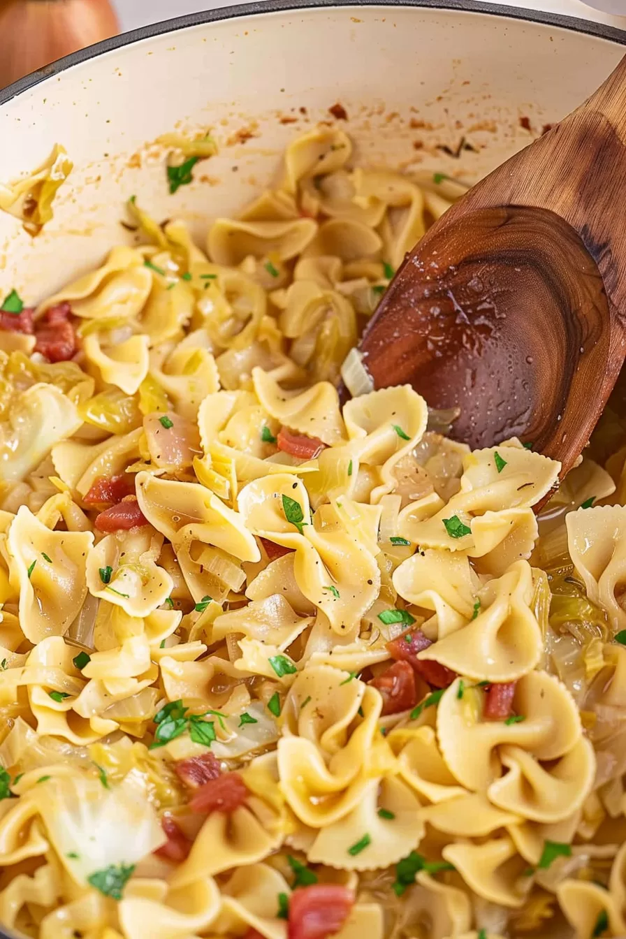 A bowl filled with traditional Krautfleckerl, showcasing tender noodles coated in a savory cabbage mixture with bacon pieces.