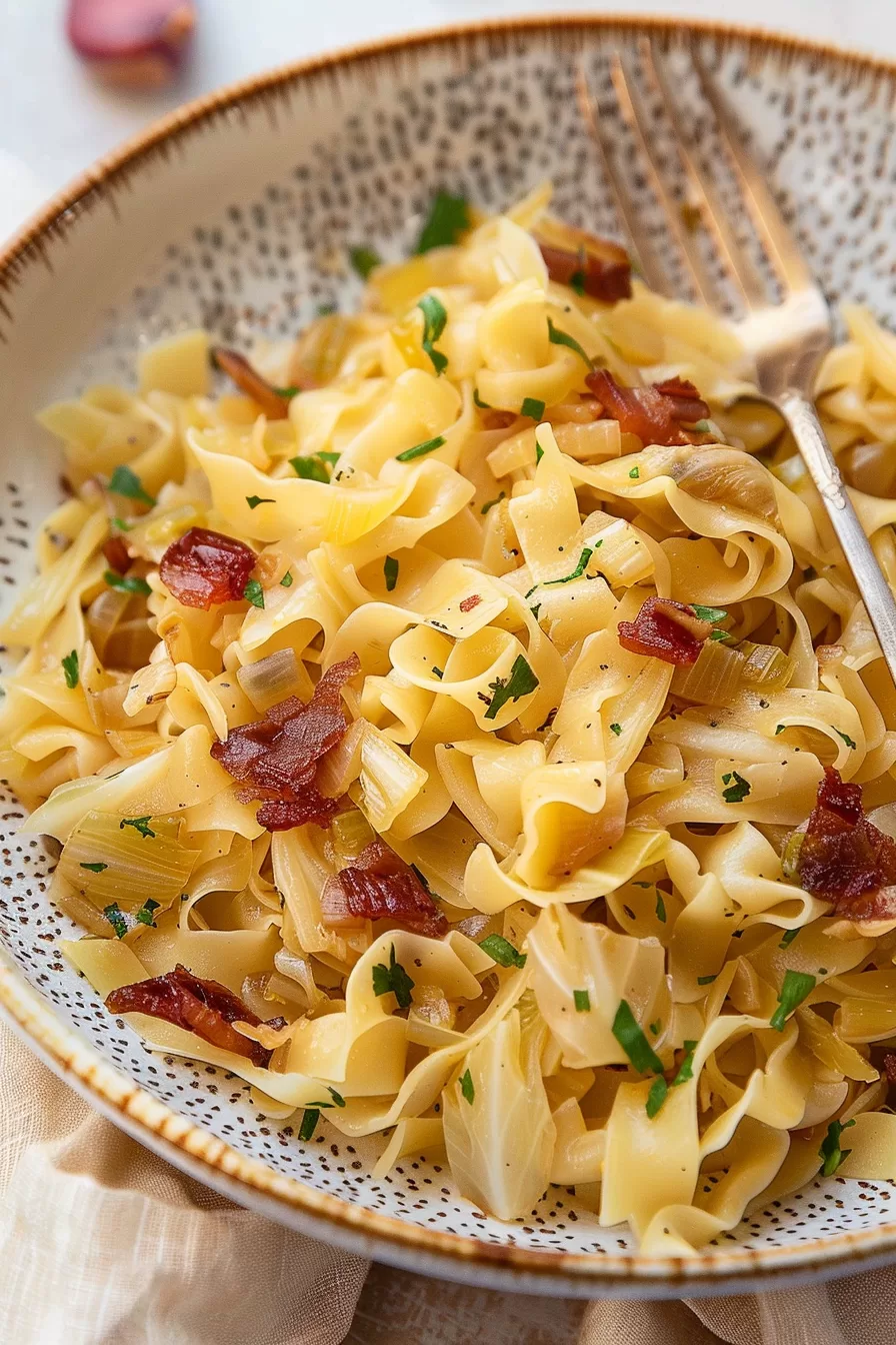 Freshly cooked Austrian Krautfleckerl noodles, featuring caramelized cabbage and crispy pancetta, served on a speckled stoneware plate.