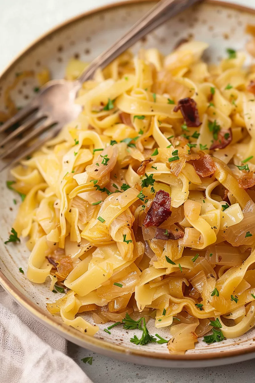 A serving of Krautfleckerl with golden pasta, sautéed cabbage, and ham, topped with finely chopped parsley on a neutral dinner plate.