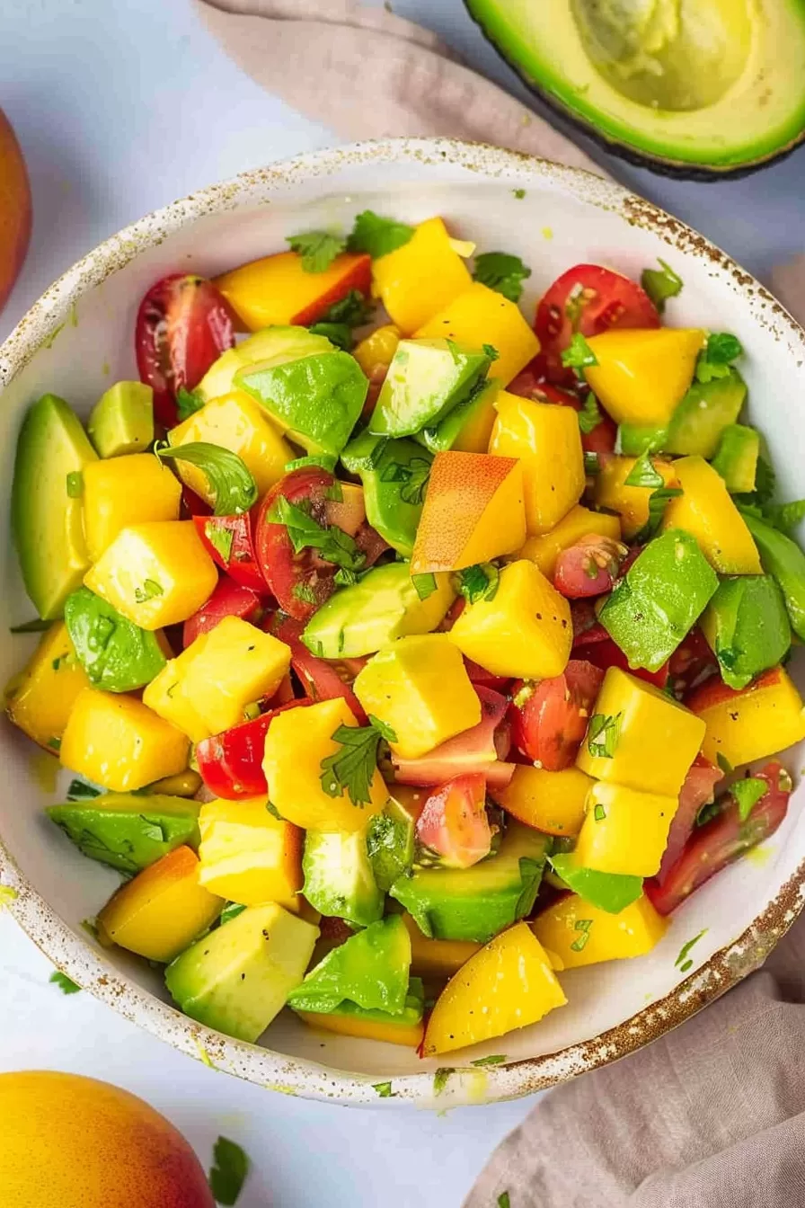 A vibrant salad bowl filled with ripe avocado chunks, sweet mango cubes, cherry tomatoes, and fresh cilantro.